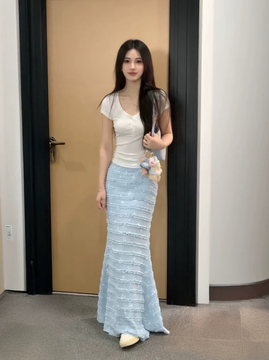 Summer beautiful outfit a complete set of pure desire short-sleeved T-shirt female wooden ear edge hip-wrapped half-length skirt two-piece suit