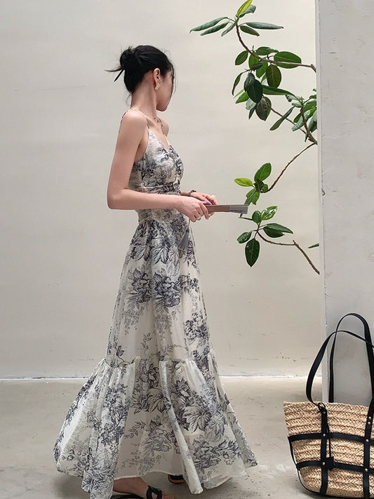 JWUNIQUE sleeveless suspender dress for women 2024 summer new design ink painting waist slimming long skirt