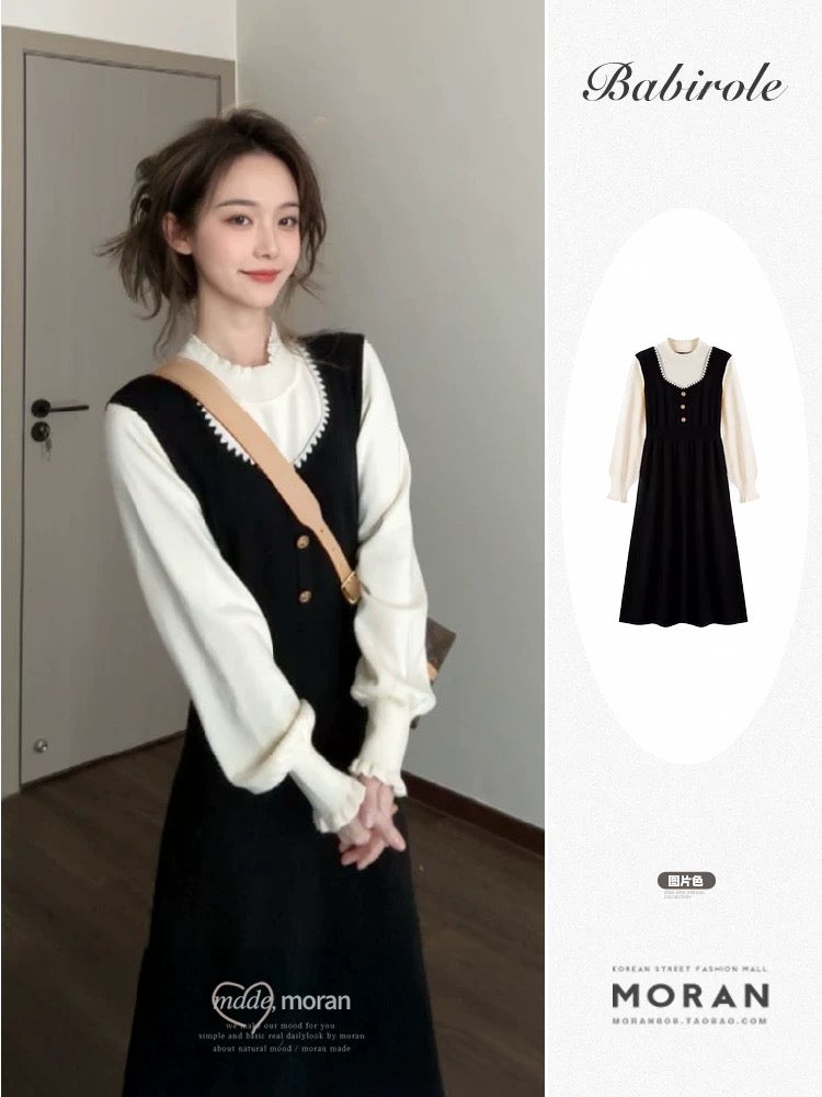 French retro Hepburn style-inspired faux two-piece black dress, autumn 2025 new style, waist-cinching elegant long dress