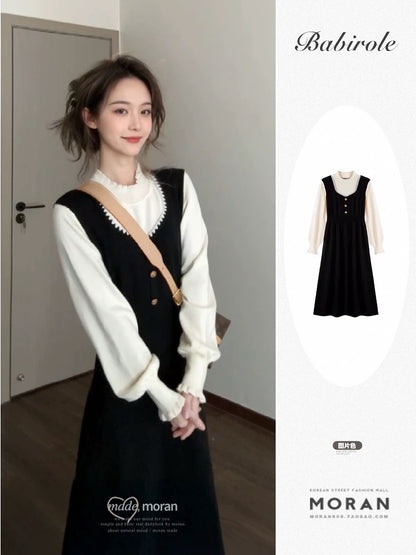 French retro Hepburn style-inspired faux two-piece black dress, autumn 2025 new style, waist-cinching elegant long dress