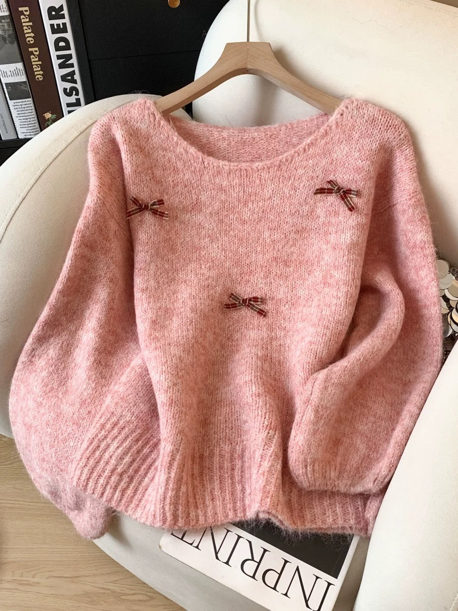 Jade Closet direct store recommendation ~ Relaxed lazy style thick bow-decorated pullover knitted sweater