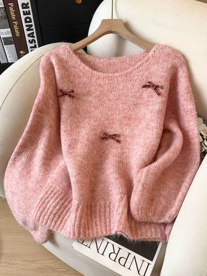 Jade Closet direct store recommendation ~ Relaxed lazy style thick bow-decorated pullover knitted sweater