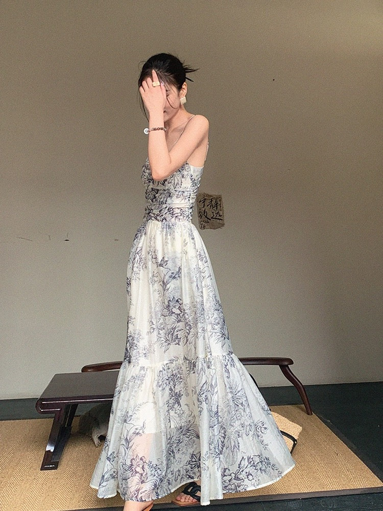 JWUNIQUE sleeveless suspender dress for women 2024 summer new design ink painting waist slimming long skirt