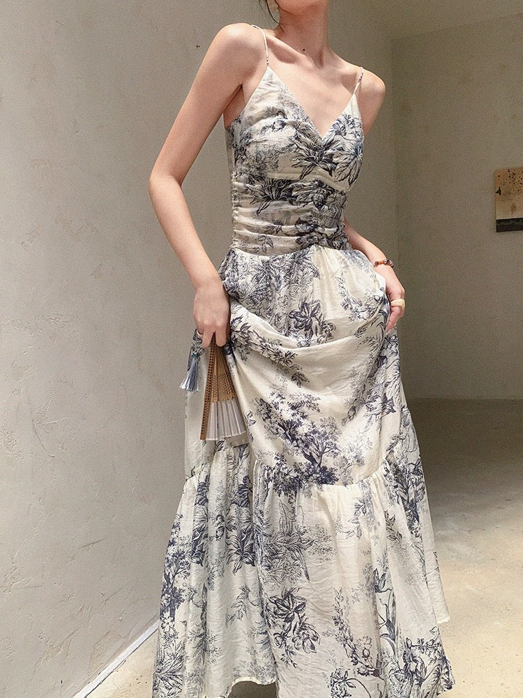 JWUNIQUE sleeveless suspender dress for women 2024 summer new design ink painting waist slimming long skirt