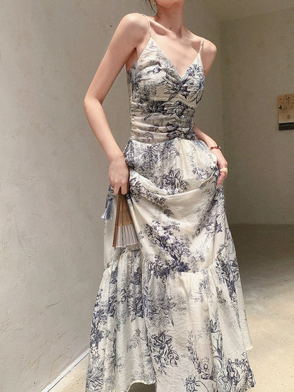JWUNIQUE sleeveless suspender dress for women 2024 summer new design ink painting waist slimming long skirt