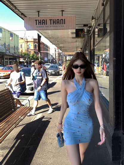Tongiiuu ■ Sydney Holiday Mesh Halter Neck Dress Women's Slim Fit Bodycon Mini Skirt with Bra Pads