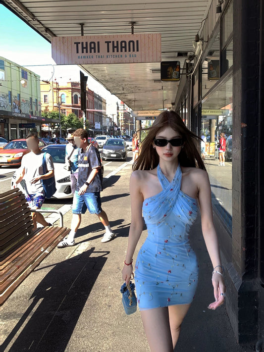 Tongiiuu ■ Sydney Holiday Mesh Halter Neck Dress Women's Slim Fit Bodycon Mini Skirt with Bra Pads