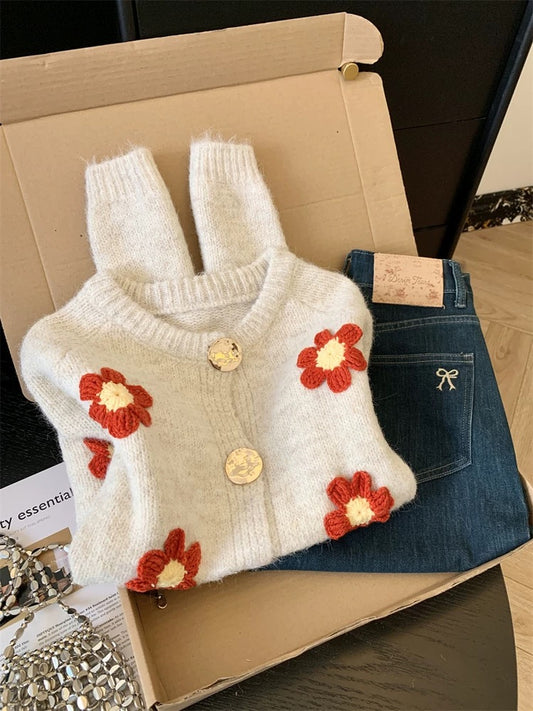 Jade Closet direct store recommendation ~ High-end French sweet style three-dimensional flower knitted cardigan sweater for women