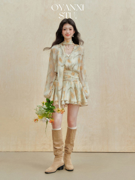 Ouyang Xi's "Hazy Beauty" spring French high-end waist skirt, temperament and versatile slimming dress suit