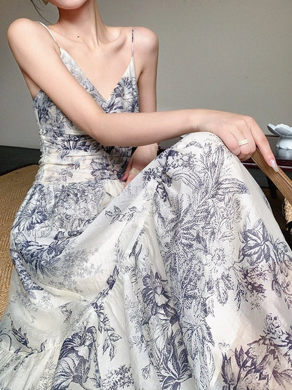 JWUNIQUE sleeveless suspender dress for women 2024 summer new design ink painting waist slimming long skirt