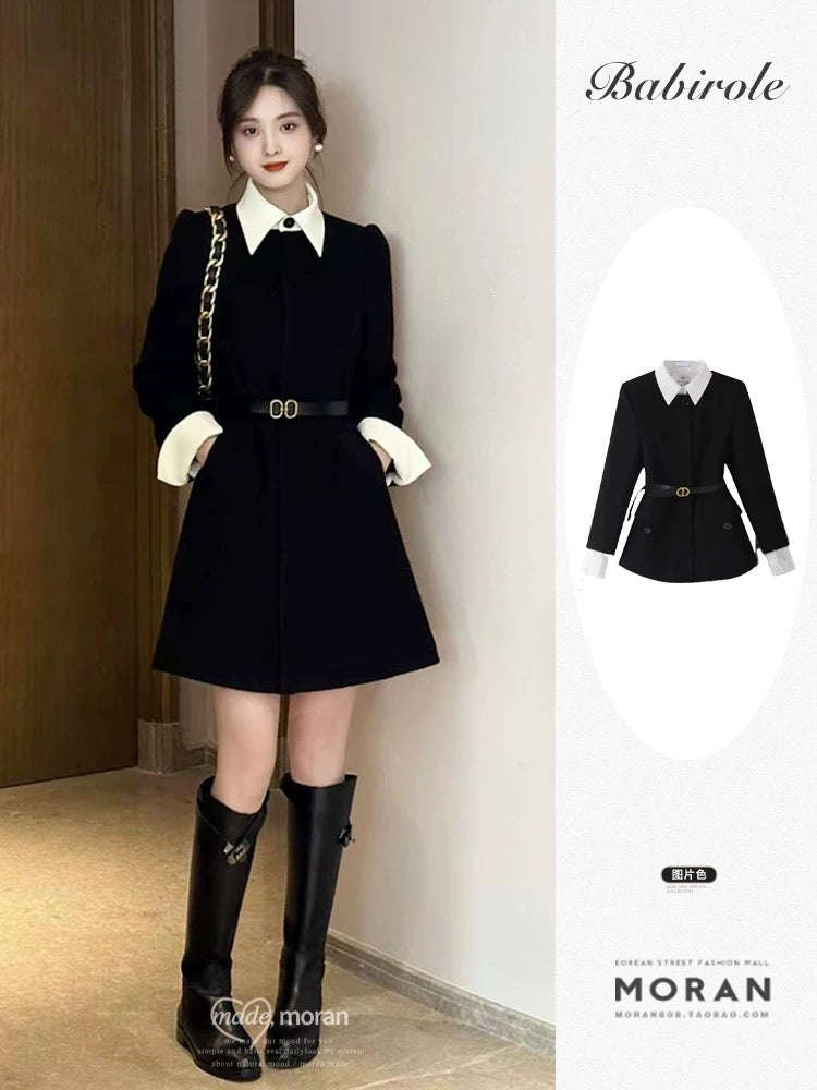 A-inspired, heiress-style color-blocked lapel faux two-piece suit dress, perfect for autumn and winter with a touch of French Hepburn little black dress.