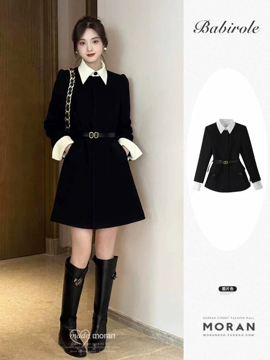 A-inspired, heiress-style color-blocked lapel faux two-piece suit dress, perfect for autumn and winter with a touch of French Hepburn little black dress.