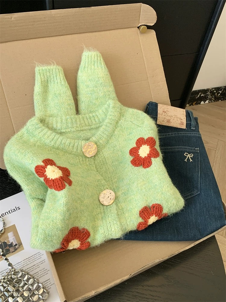 Jade Closet direct store recommendation ~ High-end French sweet style three-dimensional flower knitted cardigan sweater for women