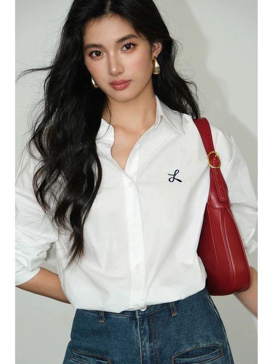 NEVA HU white long-sleeved shirt for women loose 2024 autumn new design niche Korean style versatile shirt