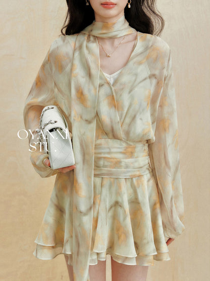 Ouyang Xi's "Hazy Beauty" spring French high-end waist skirt, temperament and versatile slimming dress suit
