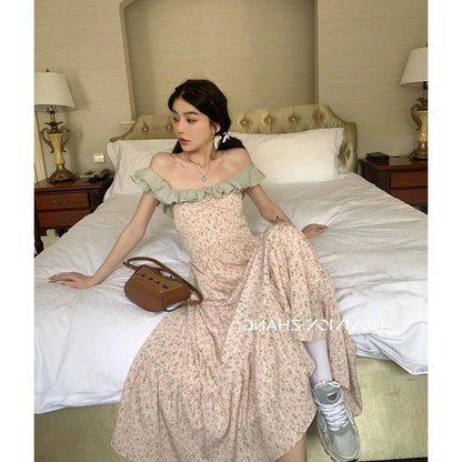 "Clearout" 2024 new style ruffled one-shoulder floral dress for women, high-end long skirt for women, summer