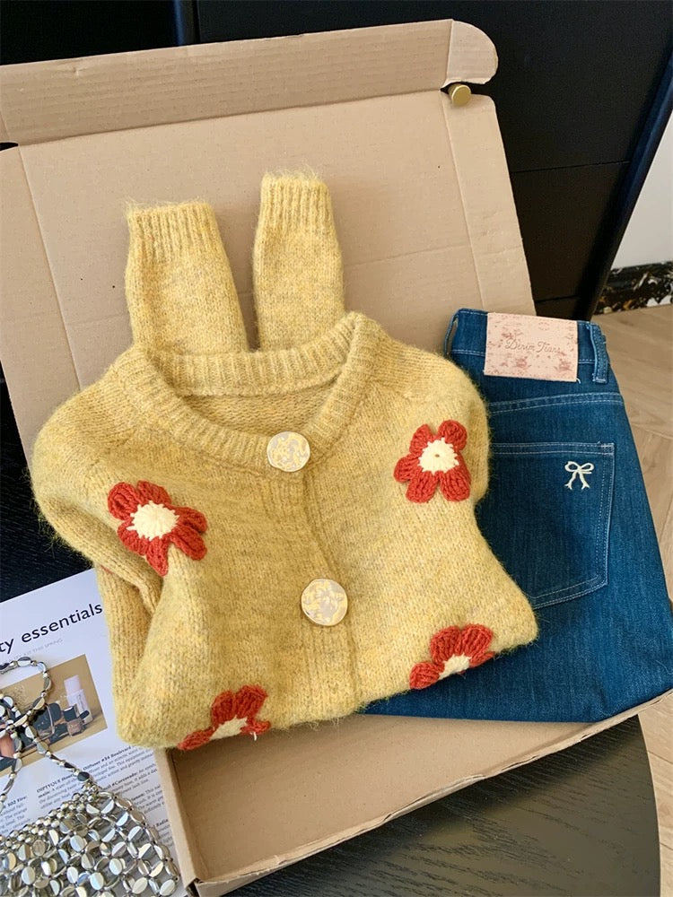 Jade Closet direct store recommendation ~ High-end French sweet style three-dimensional flower knitted cardigan sweater for women
