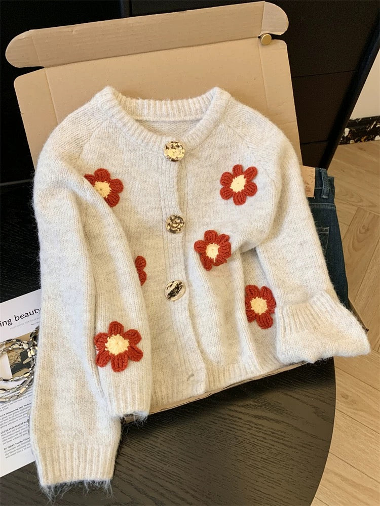 Jade Closet direct store recommendation ~ High-end French sweet style three-dimensional flower knitted cardigan sweater for women