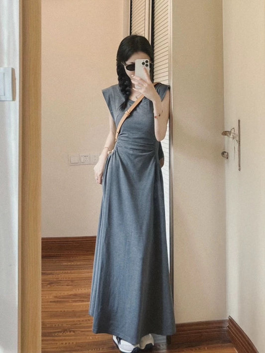 Gray casual short-sleeved T-shirt dress for women with slim waist and thin temperament design niche pleated long skirt for summer