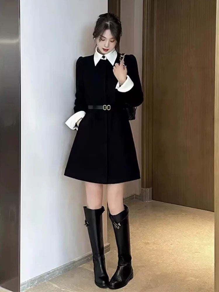 A-inspired, heiress-style color-blocked lapel faux two-piece suit dress, perfect for autumn and winter with a touch of French Hepburn little black dress.