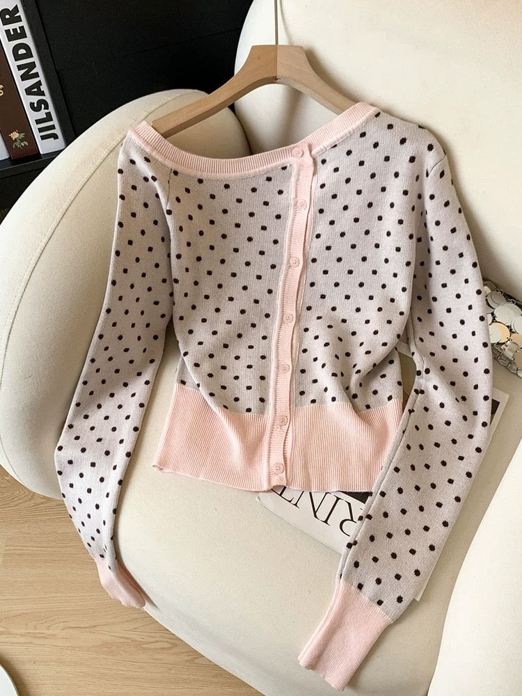Jade Closet direct store recommendation ~ Medela pure desire style design off-shoulder polka dot long-sleeved knitted cardigan