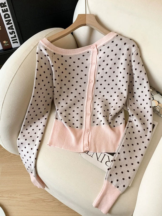 Jade Closet direct store recommendation ~ Medela pure desire style design off-shoulder polka dot long-sleeved knitted cardigan