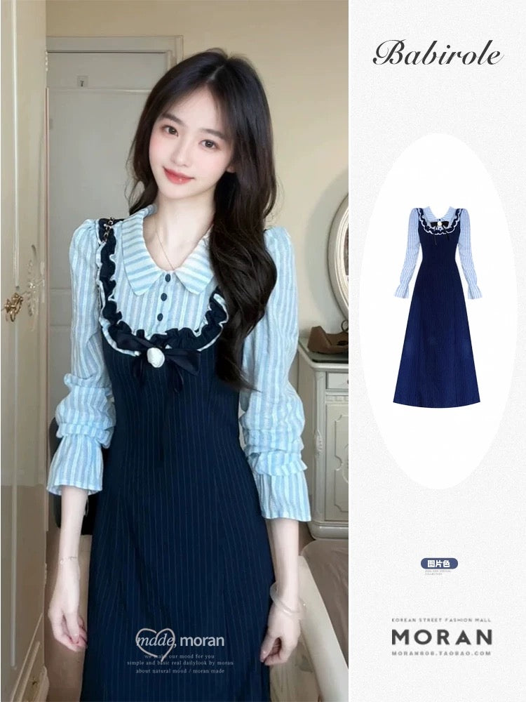 Korean style preppy look, sophisticated and youthful, blue shirt with faux two-piece long skirt, slimming dress, perfect for spring and autumn.