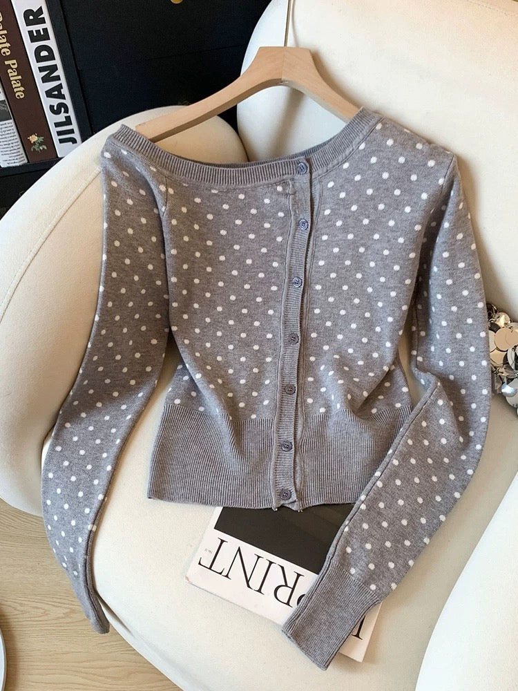 Jade Closet direct store recommendation ~ Medela pure desire style design off-shoulder polka dot long-sleeved knitted cardigan