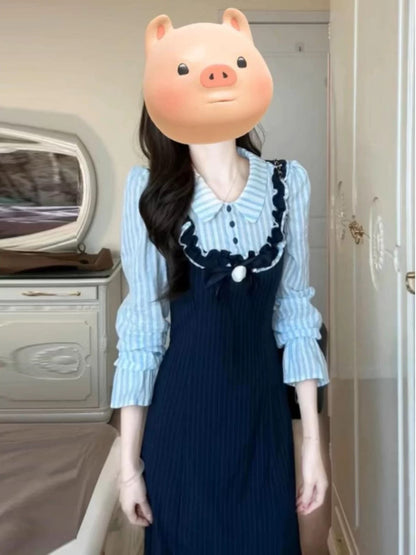 Korean style preppy look, sophisticated and youthful, blue shirt with faux two-piece long skirt, slimming dress, perfect for spring and autumn.
