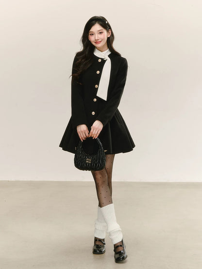 QDQD Rich Heiress Style Black Wool Dress, New Autumn/Winter Style, Slimming Waist-Defining, Elegant Puff Skirt Coat