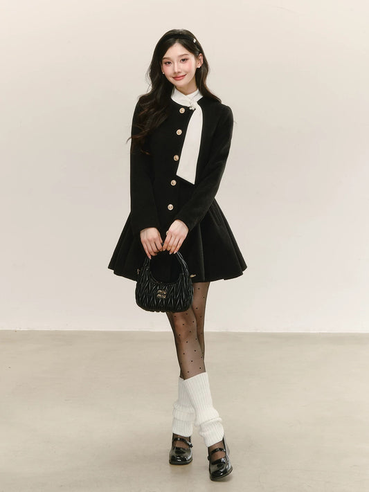 QDQD Rich Heiress Style Black Wool Dress, New Autumn/Winter Style, Slimming Waist-Defining, Elegant Puff Skirt Coat
