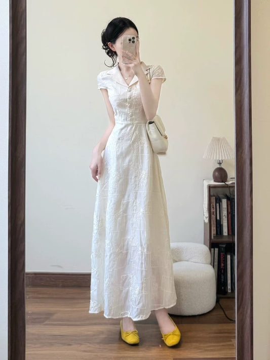 French retro unique and exquisite embroidered dress for women in summer 2025 new style lapel waist slim long skirt