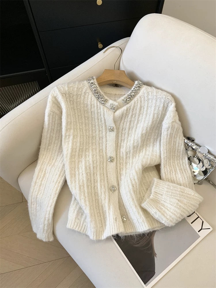 Jade Closet direct store recommendation ~ Medela sweet style diamond-studded long-sleeved knitted cardigan sweater jacket for women