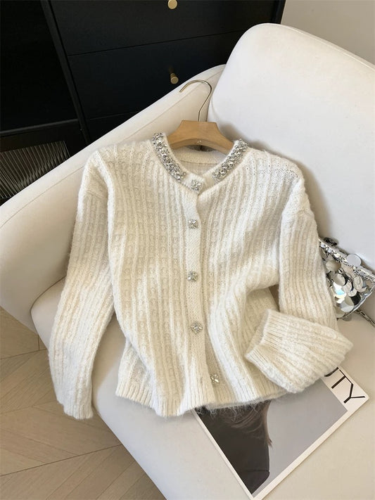 Jade Closet direct store recommendation ~ Medela sweet style diamond-studded long-sleeved knitted cardigan sweater jacket for women