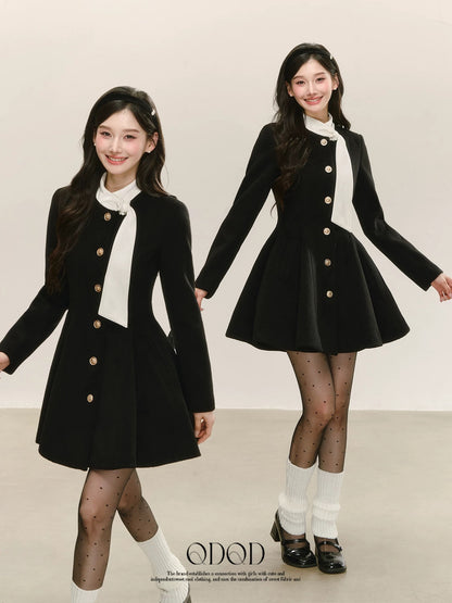 QDQD Rich Heiress Style Black Wool Dress, New Autumn/Winter Style, Slimming Waist-Defining, Elegant Puff Skirt Coat