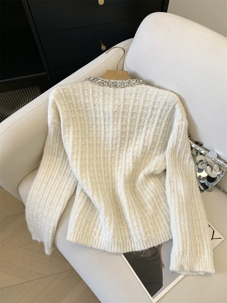 Jade Closet direct store recommendation ~ Medela sweet style diamond-studded long-sleeved knitted cardigan sweater jacket for women
