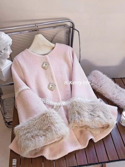 Kerry autumn and winter Showa daughter's main recommendation *Snow country wool cloak coat, gold-like short woolen jacket