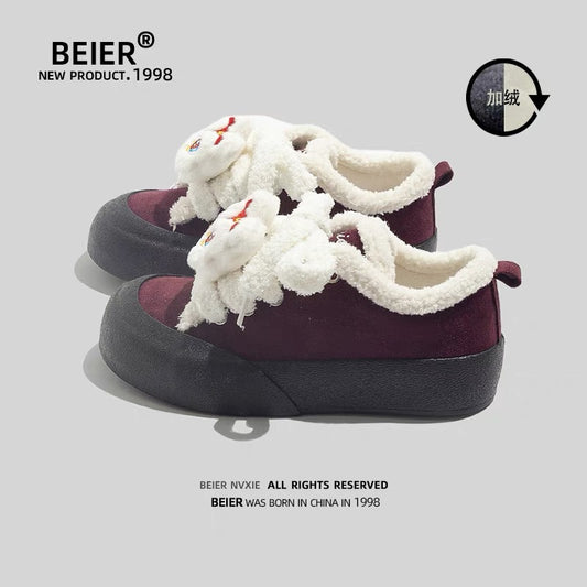 BEIER plus velvet cotton shoes women's warm thick-soled lamb women's shoes winter outer wear 2024 new versatile niche shoes