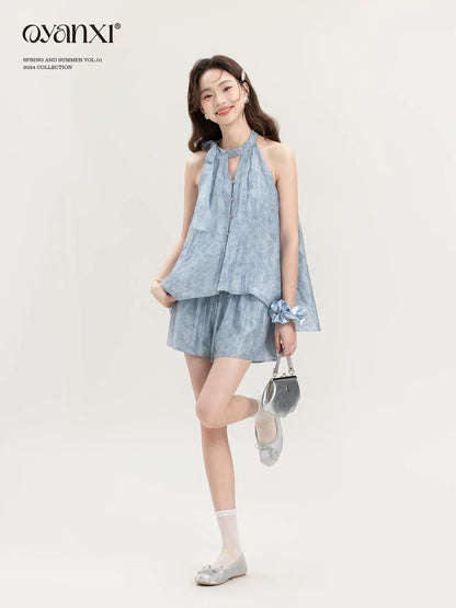 Ouyang Xi's "Meng He Wei Ying" niche unique blue top two-piece design new summer suit for women