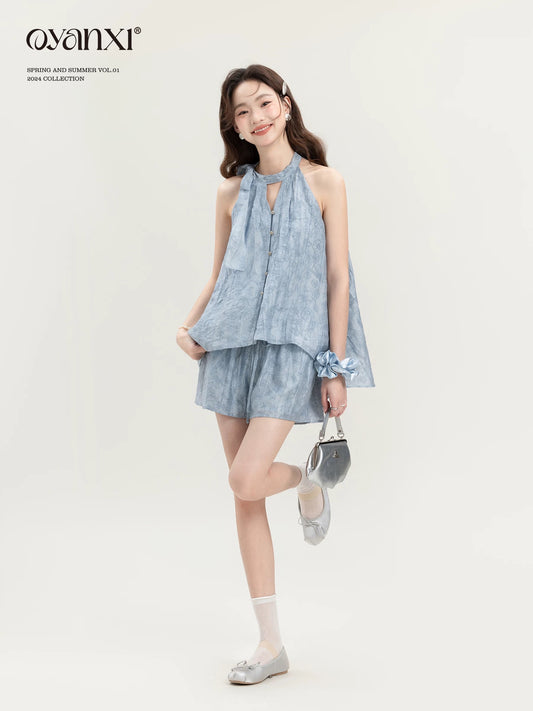 Ouyang Xi's "Meng He Wei Ying" niche unique blue top two-piece design new summer suit for women