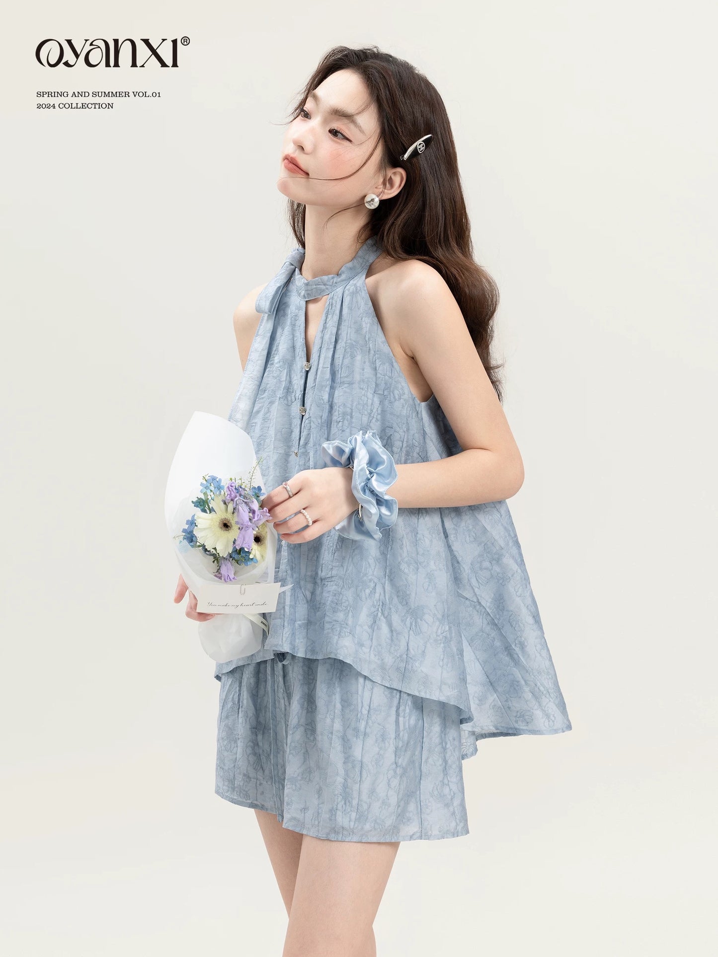 Ouyang Xi's "Meng He Wei Ying" niche unique blue top two-piece design new summer suit for women