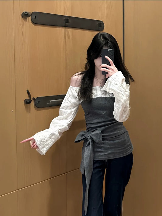 Pure desire fake two-piece one-shoulder off-shoulder long-sleeved shirt for women spring and summer 2025 new French lace waist shirt
