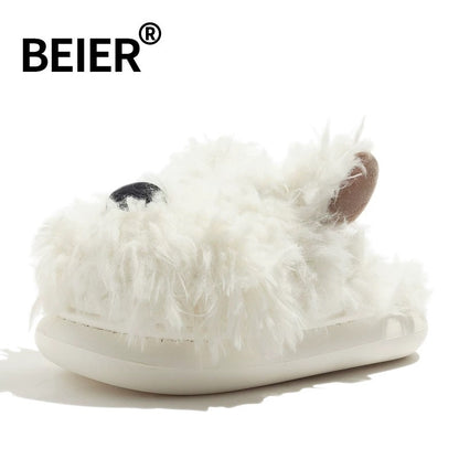 BEIER cute furry slippers winter thick-soled soft fufu outer wear popular cartoon toe cotton shoes new women's shoes