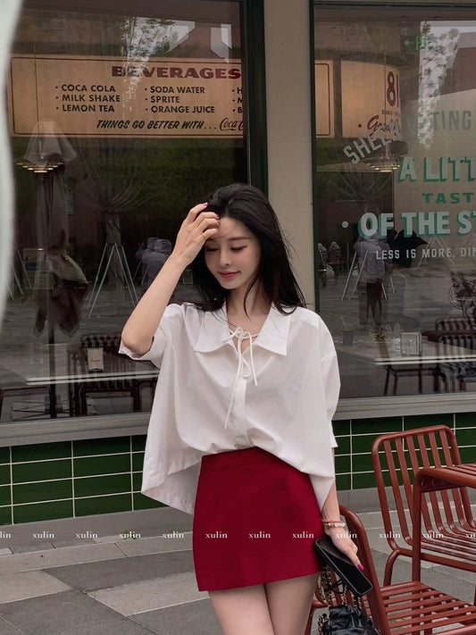 MINI STUDIO Xu Lin "Milan White Shirt" private commuting lapel lace-up discreet mid-sleeve shirt