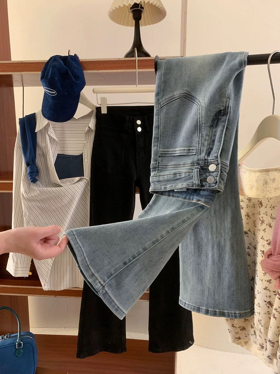 Double-button high-waisted pockets with slightly flared light blue jeans for women in spring, slimming, long legs, slim floor-length flared casual pants