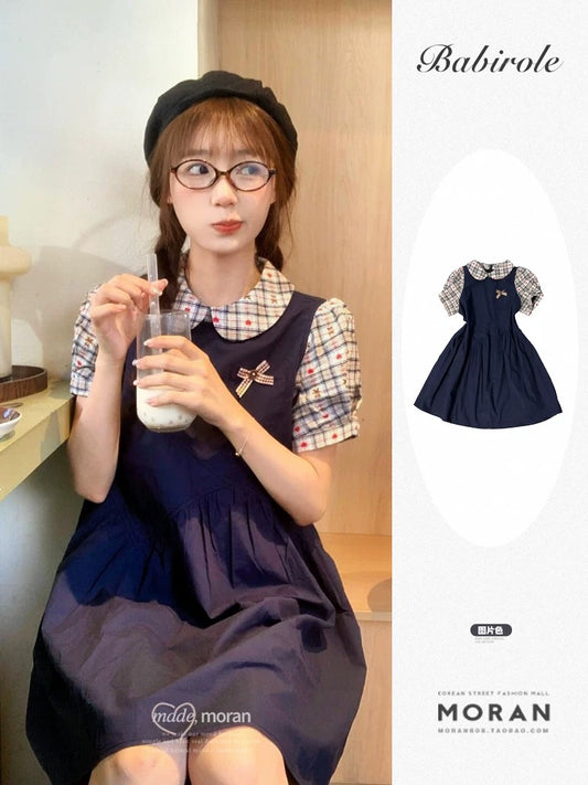 Japanese retro college style fake two-piece doll collar splicing dress summer beautiful petite loose short skirt beautiful