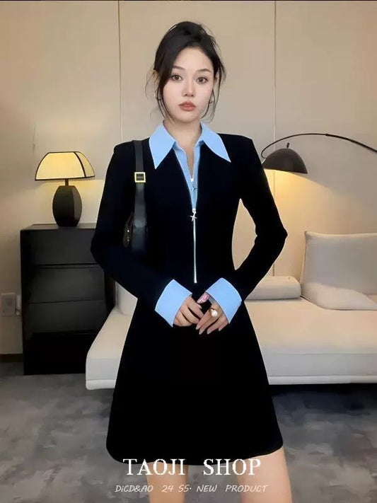 American splicing retro fake two-piece black dress for women autumn new French style waist chic short skirt