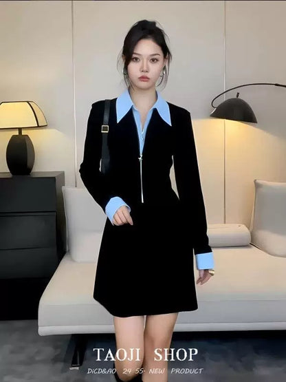American splicing retro fake two-piece black dress for women autumn new French style waist chic short skirt