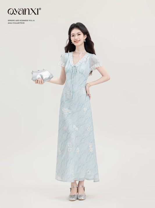 Ouyang Xi's "Land of Dreams" French summer new temperament waist long skirt for small women commuting dress