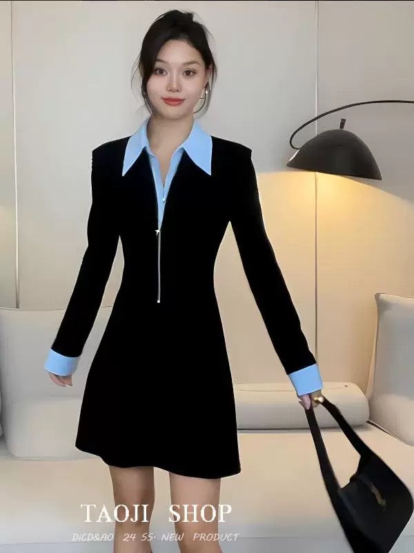 American splicing retro fake two-piece black dress for women autumn new French style waist chic short skirt